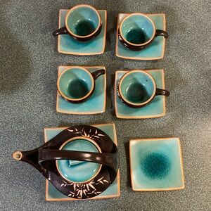Teal and Brown Tea Set with Floral Design